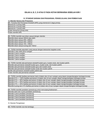 ISILAH A, B, C, D ATAU E PADA KOTAK BERWARNA SEBELAH KIRI !


                     IV. STANDAR SARANA DAN PRASARANA, PENGELOLAAN, DAN PEMBIAYAAN
A. Standar Sarana dan Prasarana
89. Tersedia Alat Permainan Edukatif (APE) yang memenuhi 3 (tiga) prinsip.
Memenuhi 3 prinsip APE
Memenuhi 2 prinsip APE
Memenuhi 1 prinsip APE
Tidak memenuhi prinsip APE
Tidak memiliki APE

90. TK/RA memiliki luas lahan sesuai dengan standar.
Memiliki lahan seluas 300m2 atau lebih
Memiliki lahan seluas 250—299m2
Memiliki lahan seluas 200—249m2
Memiliki lahan seluas 150—199m2
Memiliki lahan seluas kurang dari 150m2

91. TK/RA memiliki sejumlah ruang sesuai dengan kebutuhan kegiatan anak.
Memiliki 5 atau lebih jenis ruangan
Memiliki 4 jenis ruangan
Memiliki 3 jenis ruangan
Memiliki 2 jenis ruangan
Memiliki 1 jenis ruangan

92. TK/RA memiliki alat permainan edukatif buatan guru, buatan anak, dan buatan pabrik.
Memiliki alat permainan edukatif buatan guru, buatan anak, dan buatan pabrik
Memiliki alat permainan edukatif buatan guru dan buatan anak
Memiliki alat permainan edukatif buatan anak dan buatan pabrik
emiliki alat permainan edukatif buatan pabrik saja
Tidak memiliki alat permainan edukatif

93. TK/RA memiliki fasilitas permainan baik di dalam dan di luar ruangan yang dapat mengembangkan berbagai konsep.
Memiliki 81% — 100% fasilitas permainan di dalam dan di luar ruangan dapat mengembangkan berbagai konsep
Memiliki 61% — 80% fasilitas permainan di dalam dan di luar ruangan dapat mengembangkan berbagai konsep
Memiliki 41% — 60% fasilitas permainan di dalam dan di luar ruangan dapat mengembangkan berbagai konsep
Memiliki 21% — 40% fasilitas permainan di dalam dan di luar ruangan dapat mengembangkan berbagai konsep
Memiliki kurang dari 21% fasilitas permainan di dalam dan di luar ruangan dapat mengembangkan berbagai konsep

94. TK/RA memiliki peralatan pendukung untuk menunjang keaksaraan.
Memiliki lebih dari 4 jenis peralatan pendukung
Memiliki 4 jenis peralatan pendukung
Memiliki 3 jenis peralatan pendukung
Memiliki 2 jenis peralatan pendukung
Memiliki 1 jenis peralatan pendukung

B. Standar Pengelolaan

95. TK/RA memiliki visi-misi lembaga.
 