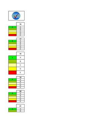 16
A   A
    B
    C
    D
    E

    17
A   A
    B
    C
    D
    E


    18

A   A

    B

    C

    D

    E


    19
A   A
    B
    C
    D
    E

    20
A   A
    B
    C
    D
    E


    21
A   A
    B
 