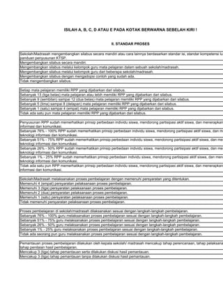 ISILAH A, B, C, D ATAU E PADA KOTAK BERWARNA SEBELAH KIRI !


                                                      II. STANDAR PROSES

Sekolah/Madrasah mengembangkan silabus secara mandiri atau cara lainnya berdasarkan standar isi, standar kompetensi lul
panduan penyusunan KTSP.
Mengembangkan silabus secara mandiri.
Mengembangkan silabus melalui kelompok guru mata pelajaran dalam sebuah sekolah/madrasah.
Mengembangkan silabus melalui kelompok guru dari beberapa sekolah/madrasah.
Mengembangkan silabus dengan mengadopsi contoh yang sudah ada.
Tidak mengembangkan silabus.

Setiap mata pelajaran memiliki RPP yang dijabarkan dari silabus.
Sebanyak 13 (tiga belas) mata pelajaran atau lebih memiliki RPP yang dijabarkan dari silabus.
Sebanyak 9 (sembilan) sampai 12 (dua belas) mata pelajaran memiliki RPP yang dijabarkan dari silabus.
Sebanyak 5 (lima) sampai 8 (delapan) mata pelajaran memiliki RPP yang dijabarkan dari silabus.
Sebanyak 1 (satu) sampai 4 (empat) mata pelajaran memiliki RPP yang dijabarkan dari silabus.
Tidak ada satu pun mata pelajaran memiliki RPP yang dijabarkan dari silabus.

Penyusunan RPP sudah memerhatikan prinsip perbedaan individu siswa, mendorong partisipasi aktif siswa, dan menerapkan
informasi dan komunikasi.
Sebanyak 76% - 100% RPP sudah memerhatikan prinsip perbedaan individu siswa, mendorong partisipasi aktif siswa, dan me
teknologi informasi dan komunikasi.
Sebanyak 51% - 75% RPP sudah memerhatikan prinsip perbedaan individu siswa, mendorong partisipasi aktif siswa, dan men
teknologi informasi dan komunikasi.
Sebanyak 26% - 50% RPP sudah memerhatikan prinsip perbedaan individu siswa, mendorong partisipasi aktif siswa, dan men
teknologi informasi dan komunikasi.
Sebanyak 1% - 25% RPP sudah memerhatikan prinsip perbedaan individu siswa, mendorong partisipasi aktif siswa, dan mene
teknologi informasi dan komunikasi.
Tidak ada satu pun RPP memerhatikan prinsip perbedaan individu siswa, mendorong partisipasi aktif siswa, dan menerapkan
informasi dan komunikasi.

Sekolah/Madrasah melaksanakan proses pembelajaran dengan memenuhi persyaratan yang ditentukan.
Memenuhi 4 (empat) persyaratan pelaksanaan proses pembelajaran.
Memenuhi 3 (tiga) persyaratan pelaksanaan proses pembelajaran.
Memenuhi 2 (dua) persyaratan pelaksanaan proses pembelajaran.
Memenuhi 1 (satu) persyaratan pelaksanaan proses pembelajaran.
Tidak memenuhi persyaratan pelaksanaan proses pembelajaran.

Proses pembelajaran di sekolah/madrasah dilaksanakan sesuai dengan langkah-langkah pembelajaran.
Sebanyak 76% - 100% guru melaksanakan proses pembelajaran sesuai dengan langkah-langkah pembelajaran.
Sebanyak 51% - 75% guru melaksanakan proses pembelajaran sesuai dengan langkah-langkah pembelajaran.
Sebanyak 26% - 50% guru melaksanakan proses pembelajaran sesuai dengan langkah-langkah pembelajaran.
Sebanyak 1% - 25% guru melaksanakan proses pembelajaran sesuai dengan langkah-langkah pembelajaran.
Tidak ada seorang pun guru melaksanakan proses pembelajaran sesuai dengan langkah-langkah pembelajaran.

Pemantauan proses pembelajaran dilakukan oleh kepala sekolah/ madrasah mencakup tahap perencanaan, tahap pelaksana
tahap penilaian hasil pembelajaran.
Mencakup 3 (tiga) tahap pemantauan serta dilakukan diskusi hasil pemantauan.
Mencakup 3 (tiga) tahap pemantauan tanpa dilakukan diskusi hasil pemantauan.
 
