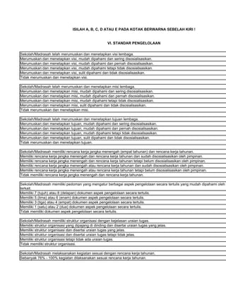 ISILAH A, B, C, D ATAU E PADA KOTAK BERWARNA SEBELAH KIRI !


                                                      VI. STANDAR PENGELOLAAN


Sekolah/Madrasah telah merumuskan dan menetapkan visi lembaga.
Merumuskan dan menetapkan visi, mudah dipahami dan sering disosialisasikan.
Merumuskan dan menetapkan visi, mudah dipahami dan pernah disosialisasikan.
Merumuskan dan menetapkan visi, mudah dipahami tetapi tidak disosialisasikan.
Merumuskan dan menetapkan visi, sulit dipahami dan tidak disosialisasikan.
Tidak merumuskan dan menetapkan visi.

Sekolah/Madrasah telah merumuskan dan menetapkan misi lembaga.
Merumuskan dan menetapkan misi, mudah dipahami dan sering disosialisasikan.
Merumuskan dan menetapkan misi, mudah dipahami dan pernah disosialisasikan.
Merumuskan dan menetapkan misi, mudah dipahami tetapi tidak disosialisasikan.
Merumuskan dan menetapkan misi, sulit dipahami dan tidak disosialisasikan.
Tidak merumuskan dan menetapkan misi.

Sekolah/Madrasah telah merumuskan dan menetapkan tujuan lembaga.
Merumuskan dan menetapkan tujuan, mudah dipahami dan sering disosialisasikan.
Merumuskan dan menetapkan tujuan, mudah dipahami dan pernah disosialisasikan.
Merumuskan dan menetapkan tujuan, mudah dipahami tetapi tidak disosialisasikan.
Merumuskan dan menetapkan tujuan, sulit dipahami dan tidak disosialisasikan.
Tidak merumuskan dan menetapkan tujuan.

Sekolah/Madrasah memiliki rencana kerja jangka menengah (empat tahunan) dan rencana kerja tahunan.
Memiliki rencana kerja jangka menengah dan rencana kerja tahunan dan sudah disosialisasikan oleh pimpinan.
Memiliki rencana kerja jangka menengah dan rencana kerja tahunan tetapi belum disosialisasikan oleh pimpinan.
Memiliki rencana kerja jangka menengah atau rencana kerja tahunan dan sudah disosialisasikan oleh pimpinan.
Memiliki rencana kerja jangka menengah atau rencana kerja tahunan tetapi belum disosialisasikan oleh pimpinan.
Tidak memiliki rencana kerja jangka menengah dan rencana kerja tahunan.

Sekolah/Madrasah memiliki pedoman yang mengatur berbagai aspek pengelolaan secara tertulis yang mudah dipahami oleh
terkait.
Memiliki 7 (tujuh) atau 8 (delapan) dokumen aspek pengelolaan secara tertulis.
Memiliki 5 (lima) atau 6 (enam) dokumen aspek pengelolaan secara tertulis.
Memiliki 3 (tiga) atau 4 (empat) dokumen aspek pengelolaan secara tertulis.
Memiliki 1 (satu) atau 2 (dua) dokumen aspek pengelolaan secara tertulis.
Tidak memiliki dokumen aspek pengelolaan secara tertulis.

Sekolah/Madrasah memiliki struktur organisasi dengan kejelasan uraian tugas.
Memiliki struktur organisasi yang dipajang di dinding dan disertai uraian tugas yang jelas.
Memiliki struktur organisasi dan disertai uraian tugas yang jelas.
Memiliki struktur organisasi dan disertai uraian tugas tetapi tidak jelas.
Memiliki struktur organisasi tetapi tidak ada uraian tugas.
Tidak memiliki struktur organisasi.

Sekolah/Madrasah melaksanakan kegiatan sesuai dengan rencana kerja tahunan.
Sebanyak 76% - 100% kegiatan dilaksanakan sesuai rencana kerja tahunan.
 