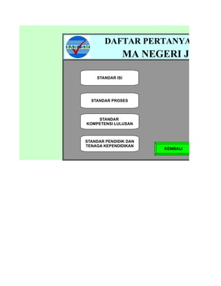 DAFTAR PERTANYAAN VISI
                  MA NEGERI JEMBER

    STANDAR ISI




  STANDAR PROSES



    STANDAR
KOMPETENSI LULUSAN



STANDAR PENDIDIK DAN
TENAGA KEPENDIDIKAN
                        KEMBALI
 