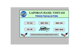 LAPORAN HASIL VISITASI


TK / RA                    SMP / MTs                            SMA / MA



SD / MI                                                        SMK / MAK


     Hasil karya : Edy Santoso ( Guru MTs Negeri Umbulsari - Jember )
 