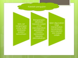 Satu set
rangsangan
yang terdiri
daripada
soalan/
kenyataan
Rangsangan
diberikan
kepada subjek
untuk
mendapatkan
gerakbalas
mereka
berasaskan
kepada
permarkahan
Ujian digunakan
bagi
menentukan
kecerdasan,
pencapaian
dan bakat
subjek
Kaedah pengujian
 