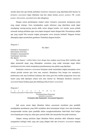 mereka alami dan apa bentuk perbaikan (corrective measures) yang diperlukan.6[6] Karena itu
formative assessment dapat dilakukan tiap hari dalam bentuk pretest, posttest, PR, weekly
project, observation, anecdotal notes dan sebagainya.

        Dengan sistem pembelajaran student center, formative assessment mempunyai peran
yang sangat strategis. Guru mendapatkan segala informasi yang diperlukan untuk dapat
mendapingi masing-masing peserta didik sesuai dengan kondisi real mereka secara pribadi
termasuk strategi perbaikan agar siswa dapat menguasi materi dengan baik. Persoalannya adalah
apa yang terjadi bila ternyata tingkat pencapaian siswa ternyata berbeda? Diagram berikut
diharapkan dapat memberikan gambaran. Perhatikan diagram berikut:


Diagram 1:
                                                Pel. Bab I
Formative Assessment A
Intervention Activities
Formative Assessment B
Enrichment Activities
Pel. Bab II
        Dari diagram 1 terlihat bahwa siswa dengan daya tangkap yang kurang diberi tambahan agar
dapat memenuhi target yang diharapkan, sementara yang sudah mencapai target diberi
enrichment activities untuk memperkaya pemahamannya atas pokok yang dipelajari.
        Sementara summative assessment bertujuan untuk menentukan tingkat pencapaian siswa
selama periode tertentu (per term atau smester). Bentuknya bisa berupa test summative,
performance task atau kombinasi keduanya dari mana guru bisa melihat penguasaan siswa atas
materi yang telah dipelajari selama term atau smester itu. Meskipun demikian summative
assessment hanya berdaya guna jika didukung oleh formative assessment.


Diagram 2
1    2      3    4      5      6      7     8    9     10    11 12
Formative assessment  Intervention / Enrichment
                                        Developing Report (Reporting)
                                            Summative assessment
                          Formative dan Summative Assessment Sequence



        Jadi secara umum dapat dikatakan bahwa assessment membantu para pendidik
mendapatkan pemahaman yang lebih mendalam akan kemampuan belajar siswa dan kemudian
mempermudah mereka (para pendidik) dalam mengkomunikasikan bukti-bukti hasil belajar
siswa kepada para orang tua, rekan guru, peserta didik, dan masyarakat luas pada umumnya.

        Adapun tentang penilaian dapat dikatakan bahwa penilaian akhir dilakukan dengan
menganalisa berbagai bukti yang ada (yang didapat baik dari formative assessment maupun


6[6]Idem..
 