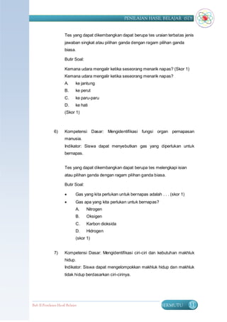 PENILAIAN HASIL BELAJAR (SD)


                      Tes yang dapat dikembangkan dapat berupa tes uraian terbatas jenis
                      jawaban singkat atau pilihan ganda dengan ragam pilihan ganda
                      biasa.

                      Butir Soal:

                      Kemana udara mengalir ketika seseorang menarik napas? (Skor 1)
                      Kemana udara mengalir ketika seseorang menarik napas?
                      A.      ke jantung
                      B.      ke perut
                      C.      ke paru-paru
                      D.      ke hati
                      (Skor 1)



               6)     Kompetensi Dasar: Mengidentifikasi fungsi organ pernapasan
                      manusia.
                      Indikator: Siswa dapat menyebutkan gas yang diperlukan untuk
                      bernapas.


                      Tes yang dapat dikembangkan dapat berupa tes melengkapi isian
                      atau pilihan ganda dengan ragam pilihan ganda biasa.

                      Butir Soal:

                             Gas yang kita perlukan untuk bernapas adalah . . . (skor 1)
                             Gas apa yang kita perlukan untuk bernapas?
                              A.    Nitrogen
                              B.    Oksigen
                              C.    Karbon dioksida
                              D.    Hidrogen
                              (skor 1)


               7)     Kompetensi Dasar: Mengidentifikasi ciri-ciri dan kebutuhan makhluk
                      hidup.
                      Indikator: Siswa dapat mengelompokkan makhluk hidup dan makhluk
                      tidak hidup berdasarkan ciri-cirinya.




Bab II Penilaian Ha sil Belajar                                             BERMUTU         31
 