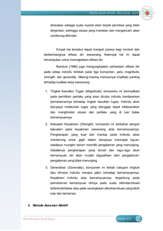 PENILAIAN HASIL BELAJAR (SD)


                          dirasakan sebagai suatu isyarat akan terjadi peristiwa yang tidak
                          diinginkan, sehingga situasi yang menekan dan mengancam akan
                          cenderung dihindari.



                                  Empat hal tersebut dapat menjadi sarana bagi tumbuh dan
                    berkembangnya efikasi diri seseorang. Keempat hal ini dapat
                    dimanipulasi untuk meningkatkan efikasi diri.

                                  Bandura (1986) juga mengungkapkan perbedaan efikasi diri
                    pada setiap individu terletak pada tiga komponen, yaitu magnitude,
                    strength, dan generality. Masing-masing mempunyai implikasi penting
                    terhadap kualitas kerja seseorang:

                     1. Tingkat Kesulitan Tugas (Magnitude), komponen ini berimplikasi
                          pada pemilihan perilaku yang akan dicoba individu berdasarkan
                          pemahamannya terhadap tingkat kesulitan tugas. Individu akan
                          berupaya melakukan tugas yang dianggap dapat dilaksanakan
                          dan menghindari situasi dan perilaku yang di luar batas
                          kemampuannya.

                     2. Kekuatan Keyakinan (Strength), komponen ini berkaitan dengan
                          kekuatan pada keyakinan seseorang atas kemampuannya.
                          Pengharapan yang kuat dan mantap pada individu akan
                          mendorong untuk gigih dalam berupaya mencapai tujuan,
                          sekalipun mungkin belum memiliki pengalaman yang menunjang.
                          Sebaliknya pengharapan yang lemah dan ragu-ragu akan
                          kemampuan diri akan mudah digoyahkan oleh pengalaman-
                          pengalaman yang tidak menunjang.

                     3. Generalitas (Generality), komponen ini terkait cakupan tingkah
                          laku dimana individu merasa yakin terhadap kemampuannya.
                          Keyakinan individu atas       kemampuannya,      tergantung pada
                          pemahaman kemampuan dirinya pada suatu aktivitas/situasi
                          tertentu/terbatas atau pada serangkaian aktivitas/situasi yang lebih
                          luas dan bervariasi.


    2. Metode Asesmen Afektif



Bab II Penilaian Ha sil Belajar                                            BERMUTU        51
 