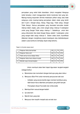 PENILAIAN HASIL BELAJAR (SD)


                    pernyataan yang netral tidak disertakan. Untuk mengatasi hilangnya
                    netral tersebut, Likert menggunakan teknik konstruksi test yang lain.
                    Masing-masing responden diminta melakukan pilihan setuju atau tidak
                    setujunya untuk masing-masing pernyataan dalam skala yang terdiri
                    dari 5 poin ( Sangat setuju, Setuju, Ragu-ragu, Tidak setuju, Sangat
                    Tidak Setuju). Semua pernyataan yang favorabel kemudian diubah
                    nilainya dalam angka, yaitu untuk sangat setuju nilainya 5 sedangkan
                    untuk yang Sangat Tidak setuju nilainya 1. Sebaliknya, untuk item
                    yang unfavorabel nilai skala Sangat Setuju adalah 1 sedangkan untuk
                    yang sangat tidak setuju nilainya 5. Dalam skala Likert, kuantifikasi
                    dilakukan dengan menghitung respon kesetujuan atau ketidaksetujuan
                    (dalam suatu kontinum) terhadap obyek sikap tertentu.



         Tabel 2. 4 Contoh skala Likert

           1    Pelajaran fisika bermanfaat                           SS   S   TS   STS

           2    Pelajaran fisika sulit                                SS   S   TS   STS

           3    Tidak semua harus belajar fisika                      SS   S   TS   STS

           4    Pelajaran fisika harus dibuat mudah                   SS   S   TS   STS

           5    Sekolah saya menyenangkan                             SS   S   TS   STS



                                  Untuk membuat skala likert dapat digunakan langkah-langkah
                    sebagai berikut.

                     a. Menentukan dan memahami dengan baik apa yang akan diukur

                     b. Menyusun Blue Print untuk memandu penyusunan alat ukur

                           -      Indikator yang secara teoritis-logis memberi kontribusi yang
                                  lebih besar harus diberikan pernyataan yang lebih banyak

                           -      Pernyataan dibuat Favorable dan Unfavorable

                     c. Membuat Item sesuai dengan kaidah

                     d. Uji coba item

                     e. Memilih item yang baik

                     f.   Menyusun item terpilih menjadi satu set alat ukur




Bab II Penilaian Ha sil Belajar                                                BERMUTU       57
 