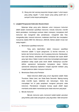 PENILAIAN HASIL BELAJAR (SD)


                     5) Hitung skor dari seorang responden dengan angka 1 untuk respon
                          yang paling negatif, 7 untuk respon yang paling positif dan 2
                          sampai 6 untuk respon pertengahan.



    3. Langkah Penyusunan Instrumen Secara Umum

                    Beberapa tahap yang perlu dilakukan untuk menyusun instrumen
         afektif adalah menentukan spesifikasi instrumen, menulis instrumen, memilih
         teknik penskalaan, membangun panduan dalam merespon, menyiapkan draft
         instrumen        dan mengambil          data   pendahuluan,    mengambil   data    final,
         menganalisa data, merevisi instrumen, melakukan studi final, dan menyiapkan
         manual tes (Gable,1999:134; Dikmenum, 2004:26). Berikut adalah rincian dari
         setiap langkah. :

                a. Menentukan spesifikasi instrumen

                                  Yang   perlu   diperhatikan   dalam    menyusun      spesifikasi
                    instrumen adalah 1) tujuan pengukuran, 2) kisi-kisi instrumen, 3)
                    bentuk dan format instrumen, dan 4) panjang instrumen. Berdasarkan
                    hasil studi literatur, tentukanlah definisi konseptual dari aspek afektif
                    yang ingin diukur. Dalam modul ini anda bisa mempelajari pada bagian
                    penjelasan setiap aspek pada ranah afektif. Selanjutnya susunlah
                    definisi      operasional    berdasarkan    kompetensi    dasar.     Definisi
                    operasional selanjutnya dijabarkan menjadi sejumlah indikator yang
                    menjadi pedoman dalam menyusun instrumen.

                b. Menentukan Skala untuk Penilaian

                                  Skala instrumen afektif yang umum digunakan adalah Skala
                    Thurstone, Skala Likert, dan Skala Beda Semantik. Masing-masing
                    skala memiliki tujuan, kelebihan dan kekurangan. Anda bisa
                    mempelajari hal ini pada penjelasan mengenai jenis-jenis skala
                    instrumen. Pemahaman mengenai konsep aspek afektif dapat
                    membantu anda dalam menentukan jenis skala instrumen yang tepat

                c. Menulis Instrumen

                                  Menulis instrumen perlu memenuhi kaidah-kaidah penulisan
                    yang berlaku pada skala pengukuran yang digunakan. Baik komponen




Bab II Penilaian Ha sil Belajar                                              BERMUTU          60
 