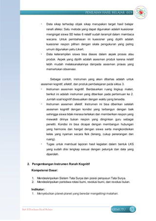 PENILAIAN HASIL BELAJAR (SD)


                       Data sikap terhadap objek sikap merupakan target hasil belajar
                        ranah afeksi. Satu metode yang dapat digunakan adalah kuesioner
                        mengingat siswa SD kelas 6 relatif sudah terampil dalam membaca
                        wacana. Untuk pembahasan ini kuesioner yang dipilih adalah
                        kuesioner respon pilihan dengan skala pengukuran yang paling
                        umum digunakan yaitu Likert.
                       Data keterampilan siswa bisa diases dalam aspek proses atau
                        produk. Aspek yang dipilih adalah asesmen produk karena relatif
                        lebih mudah melaksanakannya daripada asesmen proses yang
                        memerlukan observasi.


                            Sebagai contoh, instrumen yang akan dibahas adalah untuk
                   asesmen kognitif, afektif, dan produk pembelajaran pada siklus 3.
                       Instrumen asesmen kognitif. Berdasarkan ruang lingkup materi,
                        berikut ini adalah instrumen yang diberikan pada pertemuan ke 2.
                        Jumlah soal kognitif disesuaikan dengan waktu yang tersedia.
                       Instrumen asesmen afektif. Instrumen ini bisa diberikan setelah
                        asesmen kognitif dengan kondisi yang terbangun dengan baik
                        sehingga siswa tidak merasa tertekan dan memberikan respon yang
                        mewakili dirinya bukan respon yang diinginkan guru sebagai
                        peneliti. Kondisi ini bisa dicapai dengan membangun hubungan
                        yang harmonis dan hangat dengan siswa serta mengkondisikan
                        kelas yang nyaman secara fisik (tenang, cukup penerangan dan
                        ruang).
                       Tugas untuk membuat laporan hasil kegiatan dalam bentuk LKS
                        yang sudah diisi lengkap sesuai dengan petunjuk dan data yang
                        diperoleh.


     2. Pengembangan Instrumen Ranah Kognitif

         Kompetensi Dasar:

         1. Mendeskripsikan Sistem Tata Surya dan posisi penyusun Tata Surya.
         2. Mendeskripsikan peristiwa rotasi bumi, revolusi bumi, dan revolusi bulan.

         Indikator:
         1. Menyebutkan planet-planet yang beredar mengelilingi matahari.




Bab II Penilaian Ha sil Belajar                                          BERMUTU       83
 