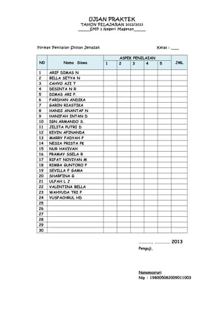 UJIAN PRAKTEK
                     TAHUN PELAJARAN 2012/2013
                    ______SMP 1 Negeri Magetan______




Format Penilaian Sholat Jenazah                            Kelas : ____


                                       ASPEK PENILAIAN
N0           Nama Siswa           1    2     3     4        5        JML

1    ARIF DIMAS N
2    BELLA SETYA N
3    CAHYO AJI T
4    DESINTA N R
5    DIMAS ARI P.
6    FARDHAN ANDIKA
7    GARIN RIASTIKA
8    HANDI ANANTAP N
9    HANIFAH INTAN D
10   IGN.ARMANDO S.
11   JELITA PUTRI D
12   KEVIN AFINANDA
13   MARRY FADYAH P
14   NESIA PRISTA PK
15   NUR HAVIVAH
16   PRAMAY SSELA R
17   RIFAT NOVIYAN M
18   RIMBA GUNTORO P
19   SEVILLA F GAMA
20   SHARFINA G
21   ULFAH L J
22   VALENTINA BELLA
23   WAHYUDA TRI P
24   YUSFACHRUL HD
25
26
27
28
29
30


                                                ……………, ……………… 2013
                                                Penguji,




                                                Nanamasruri
                                                Nip : 198005082009011003
 