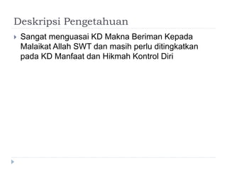 Deskripsi Pengetahuan
 Sangat menguasai KD Makna Beriman Kepada
Malaikat Allah SWT dan masih perlu ditingkatkan
pada KD Manfaat dan Hikmah Kontrol Diri
 