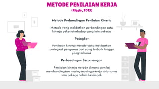 METODE PENILAIAN KERJA
(Riggio, 2013)
Metode Perbandingan Penilaian Kinerja
Metode yang melibatkan perbandingan satu
kinerja pekerjaterhadap yang lain pekerja
Peringkat
Penilaian kinerja metode yang melibatkan
peringkat pengawas dari yang terbaik hingga
yang terburuk
Perbandingan Berpasangan
Penilaian kinerja metode dimana penilai
membandingkan masing-masingpekerja satu sama
lain pekerja dalam kelompok
 