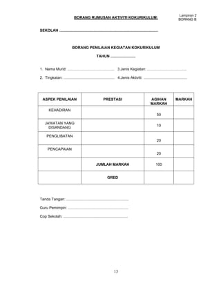 Lampiran 2
                             BORANG RUMUSAN AKTIVITI KOKURIKULUM:                                                   BORANG B


SEKOLAH ...............................................................................................



                            BORANG PENILAIAN KEGIATAN KOKURIKULUM

                                                 TAHUN ........................


1. Nama Murid: ............................................. 3.Jenis Kegiatan: ......................................

2. Tingkatan: ................................................. 4.Jenis Aktiviti: ..........................................




  ASPEK PENILAIAN                                      PRESTASI                                 AGIHAN            MARKAH
                                                                                                MARKAH
       KEHADIRAN
                                                                                                     50

    JAWATAN YANG
                                                                                                     10
      DISANDANG

     PENGLIBATAN
                                                                                                     20

      PENCAPAIAN
                                                                                                     20

                                                JUMLAH MARKAH                                        100


                                                          GRED




Tanda Tangan: ............................................................

Guru Pemimpin: ..........................................................

Cop Sekolah: ..............................................................




                                                                13
 