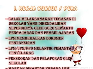– Calon melaksanakan tugasan di
  sekolah yang dikendalikan
  sepenuhnya oleh guru sewaktu
  pengajaran dan pembelajaran
– LPM membekalkan dokumen
  pentaksiran
– LPM/JPN/PPD melantik pemantau /
  penyelaras
– Penskoran dan pelaporan oleh
  sekolah
 