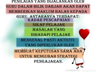 Penilaian yang dijalankan oleh
guru dalam bilik darjah akan dapat
 memberikan maklum balas kepada
    guru, antaranya terdapat:
          kadar pencapaian
            sikap pelajar
                pelajar
            masalah yang
           dihadapi pelajar
       mengenal dalam
                 pasti aktiviti
             pembelajaran
        yang diperlukan oleh
       pelajar mengikuti tahap
   membuat keputusan sama ada
               pelajar
      untuk mengubah strategi
             pengajaran.
 
