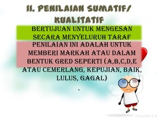 Bertujuan untuk mengesan
  secara menyeluruh taraf
  Penilaian ini murid di akhir
   pencapaian adalah untuk
 memberi markah atau dalam
    sesuatu pembelajaran.
 bentuk gred seperti (A,B,C,D,E
atau cemerlang, kepujian, baik,
        lulus, gagal)
               .
 