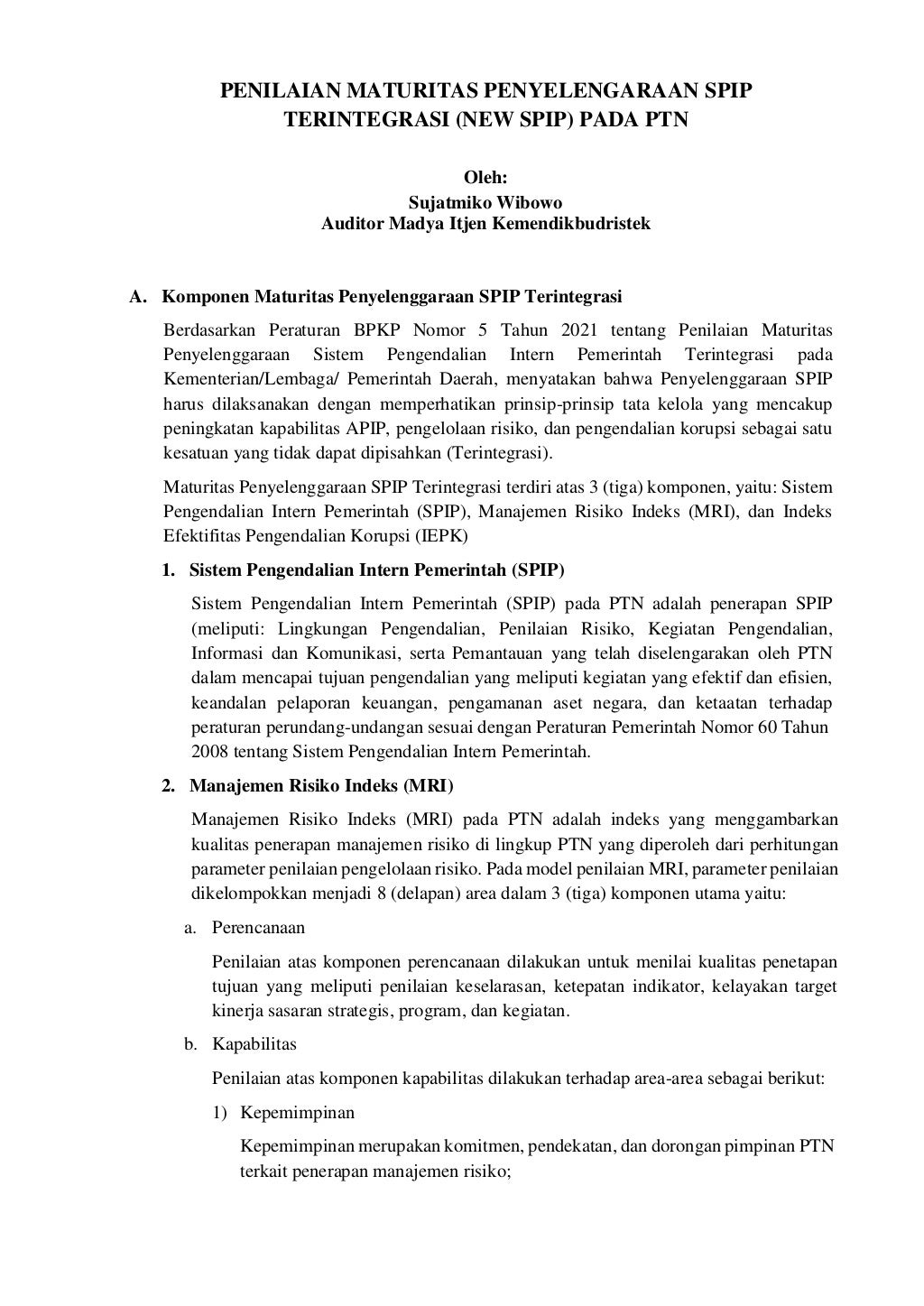 Penilaian Maturitas Penyelenggaraan SPIP Terintegrasi New SPIP Pada 