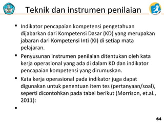 Teknik dan instrumen penilaian
 Indikator pencapaian kompetensi pengetahuan
dijabarkan dari Kompetensi Dasar (KD) yang merupakan
jabaran dari Kompetensi Inti (KI) di setiap mata
pelajaran.
 Penyusunan instrumen penilaian ditentukan oleh kata
kerja operasional yang ada di dalam KD dan indikator
pencapaian kompetensi yang dirumuskan.
 Kata kerja operasional pada indikator juga dapat
digunakan untuk penentuan item tes (pertanyaan/soal),
seperti dicontohkan pada tabel berikut (Morrison, et.al.,
2011):

64

 