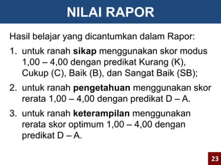 NILAI RAPOR 
Hasil belajar yang dicantumkan dalam Rapor: 
1. untuk ranah sikap menggunakan skor modus 
1,00 – 4,00 dengan predikat Kurang (K), 
Cukup (C), Baik (B), dan Sangat Baik (SB); 
2. untuk ranah pengetahuan menggunakan skor 
rerata 1,00 – 4,00 dengan predikat D – A. 
3. untuk ranah keterampilan menggunakan 
rerata skor optimum 1,00 – 4,00 dengan 
predikat D – A. 
23 
 
