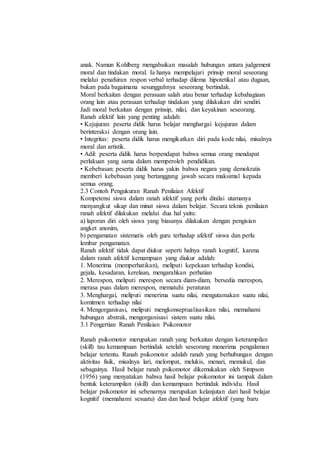 anak. Namun Kohlberg mengabaikan masalah hubungan antara judgement
moral dan tindakan moral. Ia hanya mempelajari prinsip moral seseorang
melalui penafsiran respon verbal terhadap dilema hipotetikal atau dugaan,
bukan pada bagaimana sesungguhnya seseorang bertindak.
Moral berkaitan dengan perasaan salah atau benar terhadap kebahagiaan
orang lain atau perasaan terhadap tindakan yang dilakukan diri sendiri.
Jadi moral berkaitan dengan prinsip, nilai, dan keyakinan seseorang.
Ranah afektif lain yang penting adalah:
• Kejujuran: peserta didik harus belajar menghargai kejujuran dalam
berinteraksi dengan orang lain.
• Integritas: peserta didik harus mengikatkan diri pada kode nilai, misalnya
moral dan artistik.
• Adil: peserta didik harus berpendapat bahwa semua orang mendapat
perlakuan yang sama dalam memperoleh pendidikan.
• Kebebasan: peserta didik harus yakin bahwa negara yang demokratis
memberi kebebasan yang bertanggung jawab secara maksimal kepada
semua orang.
2.3 Contoh Pengukuran Ranah Penilaian Afektif
Kompetensi siswa dalam ranah afektif yang perlu dinilai utamanya
menyangkut sikap dan minat siswa dalam belajar. Secara teknis penilaian
ranah afektif dilakukan melalui dua hal yaitu:
a) laporan diri oleh siswa yang biasanya dilakukan dengan pengisian
angket anonim,
b) pengamatan sistematis oleh guru terhadap afektif siswa dan perlu
lembar pengamatan.
Ranah afektif tidak dapat diukur seperti halnya ranah kognitif, karena
dalam ranah afektif kemampuan yang diukur adalah:
1. Menerima (memperhatikan), meliputi kepekaan terhadap kondisi,
gejala, kesadaran, kerelaan, mengarahkan perhatian
2. Merespon, meliputi merespon secara diam-diam, bersedia merespon,
merasa puas dalam merespon, mematuhi peraturan
3. Menghargai, meliputi menerima suatu nilai, mengutamakan suatu nilai,
komitmen terhadap nilai
4. Mengorganisasi, meliputi mengkonseptualisasikan nilai, memahami
hubungan abstrak, mengorganisasi sistem suatu nilai.
3.1 Pengertian Ranah Penilaian Psikomotor
Ranah psikomotor merupakan ranah yang berkaitan dengan keterampilan
(skill) tau kemampuan bertindak setelah seseorang menerima pengalaman
belajar tertentu. Ranah psikomotor adalah ranah yang berhubungan dengan
aktivitas fisik, misalnya lari, melompat, melukis, menari, memukul, dan
sebagainya. Hasil belajar ranah psikomotor dikemukakan oleh Simpson
(1956) yang menyatakan bahwa hasil belajar psikomotor ini tampak dalam
bentuk keterampilan (skill) dan kemampuan bertindak individu. Hasil
belajar psikomotor ini sebenarnya merupakan kelanjutan dari hasil belajar
kognitif (memahami sesuatu) dan dan hasil belajar afektif (yang baru
 