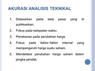 AKURASI ANALISIS TEKNIKAL 
1. Didasarkan pada data pasar yang di 
publikasikan. 
2. Fokus pada ketepatan waktu. 
3. Penekanan pada perubahan harga. 
4. Fokus pada faktor–faktor internal yang 
mempengaruhi harga suatu saham. 
5. Mendeteksi perubahan harga saham dalam 
jangka pendek. 
 