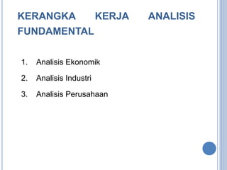 KERANGKA KERJA ANALISIS 
FUNDAMENTAL 
1. Analisis Ekonomik 
2. Analisis Industri 
3. Analisis Perusahaan 
 