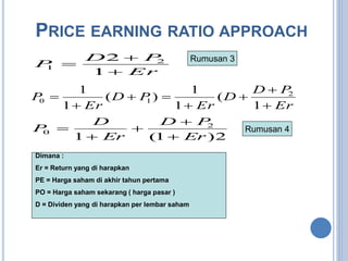 PRICE EARNING RATIO APPROACH 
D P 
2  
2 
Er 
P 
 
 
1 
1 
D P 
D 
0 Er 
Er 
Dimana : 
Er = Return yang di harapkan 
PE = Harga saham di akhir tahun pertama 
PO = Harga saham sekarang ( harga pasar ) 
D = Dividen yang di harapkan per lembar saham 
D  
P 
Er 
D 
Er 
D P 
Er 
P 
 
 
 
  
 
 
1 
( 
1 
1 
( ) 
1 
1 2 
0 1 
2 
1 (1 )2 
P 
 
 
 
 
 
Rumusan 3 
Rumusan 4 
 