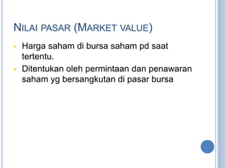 NILAI PASAR (MARKET VALUE) 
 Harga saham di bursa saham pd saat 
tertentu. 
 Ditentukan oleh permintaan dan penawaran 
saham yg bersangkutan di pasar bursa 
 