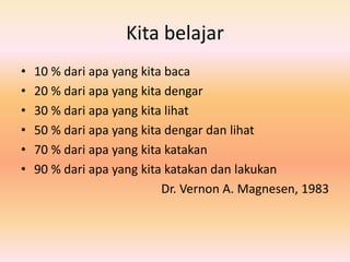 Kita belajar
• 10 % dari apa yang kita baca
• 20 % dari apa yang kita dengar
• 30 % dari apa yang kita lihat
• 50 % dari apa yang kita dengar dan lihat
• 70 % dari apa yang kita katakan
• 90 % dari apa yang kita katakan dan lakukan
Dr. Vernon A. Magnesen, 1983
 
