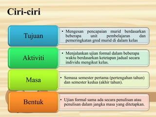 Ciri-ciri
• Mengesan pencapaian murid berdasarkan
beberapa unit pembelajaran dan
pemeringkatan gred murid di dalam kelas
Tujuan
• Menjalankan ujian formal dalam beberapa
waktu berdasarkan ketetapan jadual secara
individu mengikut kelas.
Aktiviti
• Semasa semester pertama (pertengahan tahun)
dan semester kedua (akhir tahun).Masa
• Ujian formal sama ada secara penulisan atau
penulisan dalam jangka masa yang ditetapkan.Bentuk
 