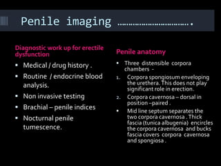 Penile imaging …………………………….

Diagnostic work up for erectile
dysfunction                       Penile anatomy
 Medical / drug history .         Three distensible corpora
                                     chambers -
 Routine / endocrine blood       1. Corpora spongiosum enveloping
  analysis.                           the urethera. This does not play
                                      significant role in erection.
 Non invasive testing            2. Corpora cavernosa – dorsal in
                                      position –paired .
 Brachial – penile indices        Mid line septum separates the
 Nocturnal penile                    two corpora cavernosa . Thick
                                      fascia (tunica albugenia) encircles
  tumescence.                         the corpora cavernosa and bucks
                                      fascia covers corpora cavernosa
                                      and spongiosa .
 