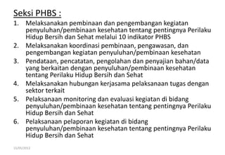 Seksi PHBS :
1. Melaksanakan pembinaan dan pengembangan kegiatan
penyuluhan/pembinaan kesehatan tentang pentingnya Perilaku
Hidup Bersih dan Sehat melalui 10 indikator PHBS
2. Melaksanakan koordinasi pembinaan, pengawasan, dan
pengembangan kegiatan penyuluhan/pembinaan kesehatan
3. Pendataan, pencatatan, pengolahan dan penyajian bahan/data
yang berkaitan dengan penyuluhan/pembinaan kesehatan
tentang Perilaku Hidup Bersih dan Sehat
4. Melaksanakan hubungan kerjasama pelaksanaan tugas dengan
sektor terkait
5. Pelaksanaan monitoring dan evaluasi kegiatan di bidang
penyuluhan/pembinaan kesehatan tentang pentingnya Perilaku
Hidup Bersih dan Sehat
6. Pelaksanaan pelaporan kegiatan di bidang
penyuluhan/pembinaan kesehatan tentang pentingnya Perilaku
Hidup Bersih dan Sehat
15/05/2012
 