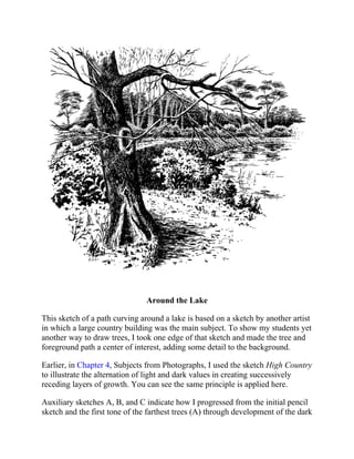 Around the Lake
This sketch of a path curving around a lake is based on a sketch by another artist
in which a large country building was the main subject. To show my students yet
another way to draw trees, I took one edge of that sketch and made the tree and
foreground path a center of interest, adding some detail to the background.
Earlier, in Chapter 4, Subjects from Photographs, I used the sketch High Country
to illustrate the alternation of light and dark values in creating successively
receding layers of growth. You can see the same principle is applied here.
Auxiliary sketches A, B, and C indicate how I progressed from the initial pencil
sketch and the first tone of the farthest trees (A) through development of the dark
little tree trunks and the prominent trees (B) to completion of the shrubbery at
 