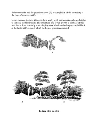 little tree trunks and the prominent trees (B) to completion of the shrubbery at
the base of these trees (C).
In this instance the tree foliage is done totally with hatch marks and crosshatches
to indicate the leaf masses. The shrubbery and lower growth at the base of this
tree line is done primarily with stipple (dots), which are built up to a solid black
at the bottom (C), against which the lighter grass is contrasted.
Foliage Step by Step
 