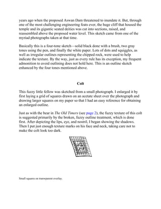 years ago when the proposed Aswan Dam threatened to inundate it. But, through
one of the most challenging engineering feats ever, the huge cliff that housed the
temple and its gigantic seated deities was cut into sections, raised, and
reassembled above the proposed water level. This sketch came from one of the
myriad photographs taken at that time.
Basically this is a four-tone sketch—solid black done with a brush, two gray
tones using the pen, and finally the white paper. Lots of dots and squiggles, as
well as irregular outlines representing the chipped rock, were used to help
indicate the texture. By the way, just as every rule has its exception, my frequent
admonition to avoid outlining does not hold here. This is an outline sketch
enhanced by the four tones mentioned above.
Colt
This fuzzy little fellow was sketched from a small photograph. I enlarged it by
first laying a grid of squares drawn on an acetate sheet over the photograph and
drawing larger squares on my paper so that I had an easy reference for obtaining
an enlarged outline.
Just as with the bear in The Old Timers (see page 2), the fuzzy texture of this colt
is suggested primarily by the broken, fuzzy outline treatment, which is done
first. After depicting the lips, eye, and nostril, I began showing the shadows.
Then I put just enough texture marks on his face and neck, taking care not to
make the colt look too dark.
Small squares on tranwparent overlay.
 
