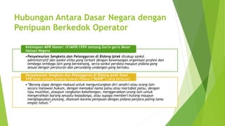 Hubungan Antara Dasar Negara dengan
Penipuan Berkedok Operator
•Penyelesaian Sengketa dan Pelanggaran di Bidang Iptek dicakup sanksi
administratif dan sanksi etika yang terkait dengan kewenangan organisasi profesi dan
lembaga-lembaga lain yang berwenang, serta sanksi perdata maupun pidana yang
sesuai dengan peraturan dan perundang-undangan yang berlaku.
Ketetapan MPR Nomor: IV/MPR/1999 tentang Garis-garis Besar
Haluan Negara
•“Barang siapa dengan maksud untuk menguntungkan diri sendiri atau orang lain
secara melawan hukum, dengan memakai nama palsu atau martabat palsu, dengan
tipu muslihat, ataupun rangkaian kebohongan, menggerakkan orang lain untuk
menyerahkan barang sesuatu kepadanya, atau supaya memberi hutang maupun
menghapuskan piutang, diancam karena penipuan dengan pidana penjara paling lama
empat tahun.”
Penyelesaian Sengketa dan Pelanggaran di Bidang Iptek Pasal
378 Kitab Undang Undang Hukum Pidana (“KUHP”) yang berbunyi:
 