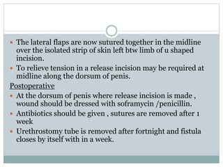  The lateral flaps are now sutured together in the midline
over the isolated strip of skin left btw limb of u shaped
incision.
 To relieve tension in a release incision may be required at
midline along the dorsum of penis.
Postoperative
 At the dorsum of penis where release incision is made ,
wound should be dressed with soframycin /penicillin.
 Antibiotics should be given , sutures are removed after 1
week
 Urethrostomy tube is removed after fortnight and fistula
closes by itself with in a week.
 
