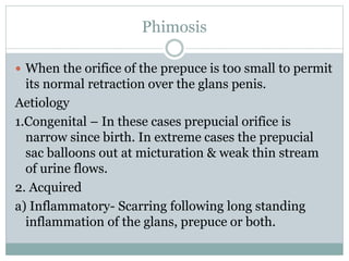 Phimosis
 When the orifice of the prepuce is too small to permit
its normal retraction over the glans penis.
Aetiology
1.Congenital – In these cases prepucial orifice is
narrow since birth. In extreme cases the prepucial
sac balloons out at micturation & weak thin stream
of urine flows.
2. Acquired
a) Inflammatory- Scarring following long standing
inflammation of the glans, prepuce or both.
 
