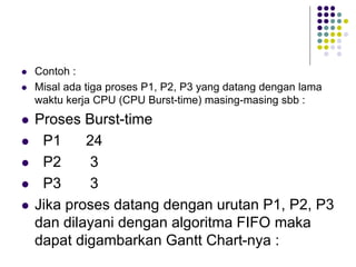  Contoh :
 Misal ada tiga proses P1, P2, P3 yang datang dengan lama
waktu kerja CPU (CPU Burst-time) masing-masing sbb :
 Proses Burst-time
 P1 24
 P2 3
 P3 3
 Jika proses datang dengan urutan P1, P2, P3
dan dilayani dengan algoritma FIFO maka
dapat digambarkan Gantt Chart-nya :
 