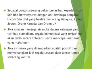  Sebagai contoh,seorang pakar penasihat kepada Hicom
Sdn Bhd bermesyurat dengan ahli lembaga pengarah
Hicom Sdn Bhd yang terdiri dari orang Malaysia, Orang
Jepun, Orang Kanada dan Orang UK.
 Jika amalan menjaga air muka dalam kalangan yang
terlibat diamalkan, segala komunikasi yang terjadi ini
akan lebih secara toleransi serta mencapai matlamat
yang maksimum
 Jika air muka yang dilemparkan adalah positif dan
menyenangkan jadi segala urusan akan lancar tanpa
sebarang konflik.
 