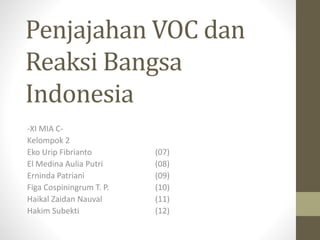 Penjajahan VOC dan
Reaksi Bangsa
Indonesia
-XI MIA C-
Kelompok 2
Eko Urip Fibrianto (07)
El Medina Aulia Putri (08)
Erninda Patriani (09)
Figa Cospiningrum T. P. (10)
Haikal Zaidan Nauval (11)
Hakim Subekti (12)
 