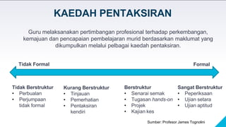 KAEDAH PENTAKSIRAN
Guru melaksanakan pertimbangan profesional terhadap perkembangan,
kemajuan dan pencapaian pembelajaran murid berdasarkan maklumat yang
dikumpulkan melalui pelbagai kaedah pentaksiran.
Tidak Berstruktur
• Perbualan
• Perjumpaan
tidak formal
Kurang Berstruktur
• Tinjauan
• Pemerhatian
• Pentaksiran
kendiri
Berstruktur
• Senarai semak
• Tugasan hands-on
• Projek
• Kajian kes
Sangat Berstruktur
• Peperiksaan
• Ujian setara
• Ujian aptitud
Tidak Formal Formal
Sumber: Profesor James Tognolini
 