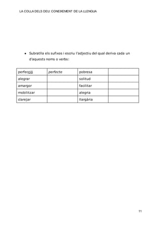 LA COLLA DELS DEU: CONEIXEMENT DE LA LLENGUA
11
● Subratlla els sufixos i escriu l’adjectiu del qual deriva cada un
d’aquests noms o verbs:
perfecció perfecte pobresa
alegrar solitud
amargor facilitar
mobilitzar alegria
clarejar llargària
 