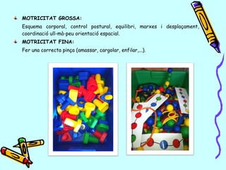 MOTRICITAT GROSSA:
Esquema corporal, control postural, equilibri, marxes i desplaçament,
coordinació ull-mà-peu orientació espacial.
MOTRICITAT FINA:
Fer una correcta pinça (amassar, cargolar, enfilar,...).
 