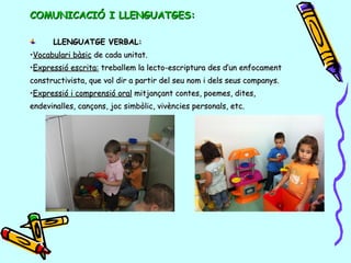 COMUNICACIÓ I LLENGUATGES:COMUNICACIÓ I LLENGUATGES:
LLENGUATGE VERBAL:LLENGUATGE VERBAL:
••Vocabulari bàsicVocabulari bàsic de cada unitat.de cada unitat.
••Expressió escrita:Expressió escrita: treballem la lecto-escriptura des d’un enfocamenttreballem la lecto-escriptura des d’un enfocament
constructivista, que vol dir a partir del seu nom i dels seus companys.constructivista, que vol dir a partir del seu nom i dels seus companys.
••Expressió i comprensió oralExpressió i comprensió oral mitjançant contes, poemes, dites,mitjançant contes, poemes, dites,
endevinalles, cançons, joc simbòlic, vivències personals, etc.endevinalles, cançons, joc simbòlic, vivències personals, etc.
 