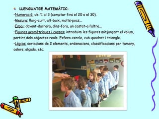 LLENGUATGE MATEMÀTIC:LLENGUATGE MATEMÀTIC:
••Numeració:Numeració: de l’1 al 3 (comptar fins el 20 o el 30).de l’1 al 3 (comptar fins el 20 o el 30).
••Mesura:Mesura: llarg-curt, alt-baix, molts-pocs...llarg-curt, alt-baix, molts-pocs...
••Espai:Espai: davant-darrera, dins-fora, un costat-a l’altre...davant-darrera, dins-fora, un costat-a l’altre...
••Figures geomètriques i cossos:Figures geomètriques i cossos: introduïm les figures mitjançant el volum,introduïm les figures mitjançant el volum,
partint dels objectes reals. Esfera-cercle, cub-quadrat i triangle.partint dels objectes reals. Esfera-cercle, cub-quadrat i triangle.
••Lògica:Lògica: seriacions de 2 elements, ordenacions, classificacions per tamany,seriacions de 2 elements, ordenacions, classificacions per tamany,
colors, alçada, etc.colors, alçada, etc.
 