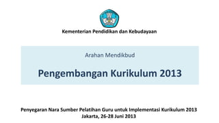 Arahan Mendikbud
Pengembangan Kurikulum 2013
Penyegaran Nara Sumber Pelatihan Guru untuk Implementasi Kurikulum 2013
Jakarta, 26-28 Juni 2013
Kementerian Pendidikan dan Kebudayaan
 