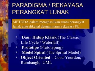 PARADIGMA / REKAYASA PERANGKAT LUNAK METODA dalam menghasilkan suatu perangkat lunak atau dikenal dengan nama rekayasa PL  Daur Hidup Klasik  (The Classic  Life Cycle / Waterfall) Prototipe  (Prototyping) Model Spiral  (The Spriral Model) Object Oriented   : Coad-Yourdon, Rumbaugh,  UML 