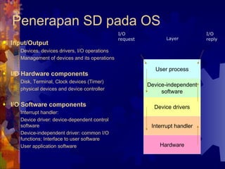 Input/Output Devices, devices drivers, I/O operations Management of devices and its operations I/O Hardware components Disk, Terminal, Clock devices (Timer) physical devices and device controller I/O Software components Interrupt handler: Device driver: device-dependent control software Device-independent driver: common I/O functions; Interface to user software User application software Penerapan SD pada OS Layer Device-independent software Device drivers Interrupt handlers Hardware I/O request I/O reply Hardware Interrupt handler Device drivers Device-independent software User process 