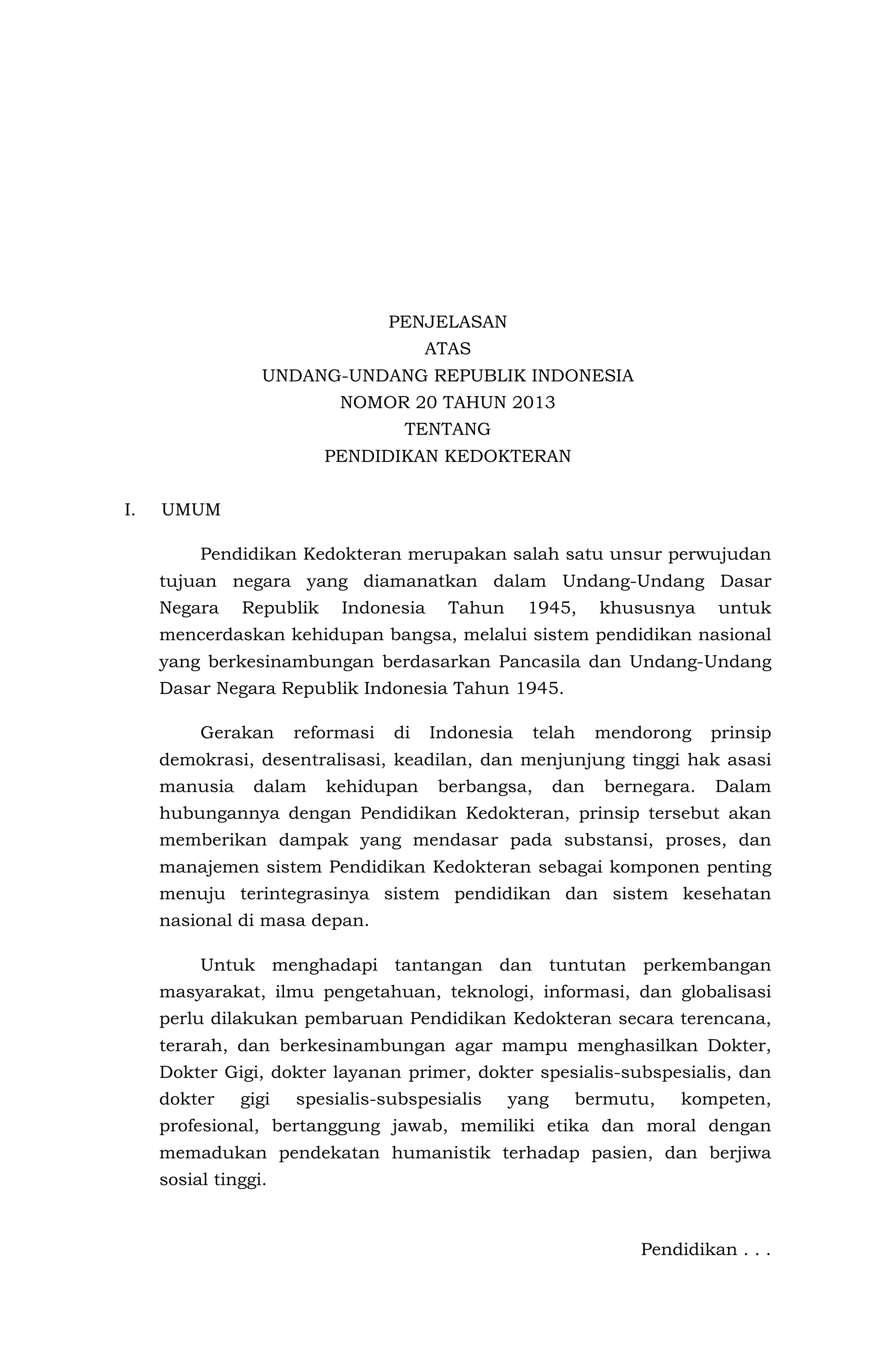 Penjelasan UU nomor 20 tahun 2013 tentang Pendidikan Kedokteran PDF